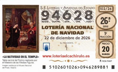 Anverso del décimo 94628 de la Lotería de Navidad 2026, de Madrid (Malasaña) (Madrid)